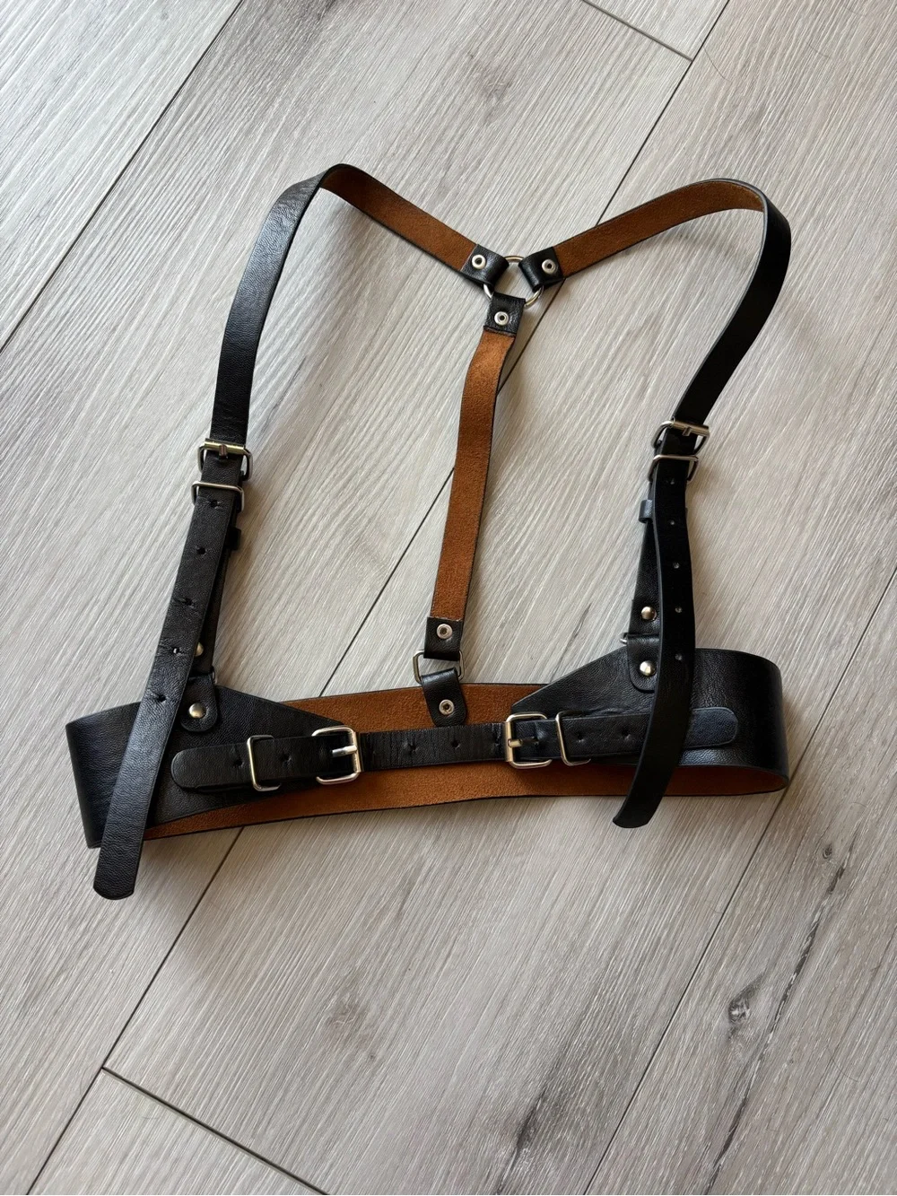 Adjustable Leather Harness Belt - Black/Tan
